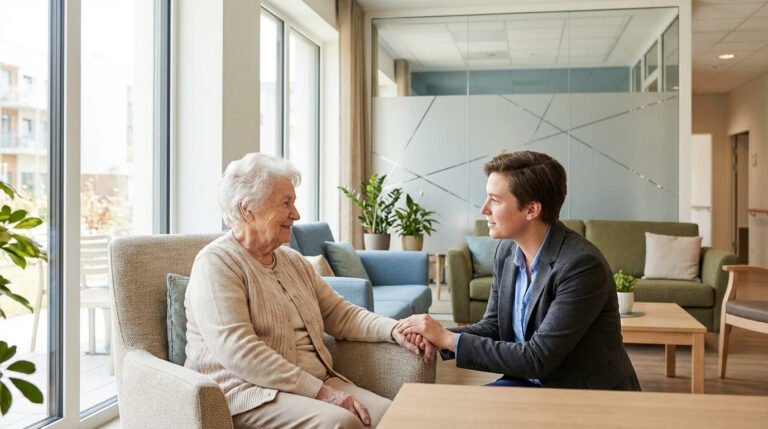 Deux personnes, une femme âgée et un professionnel, se tiennent la main et sourient dans un salon d'EHPAD moderne.