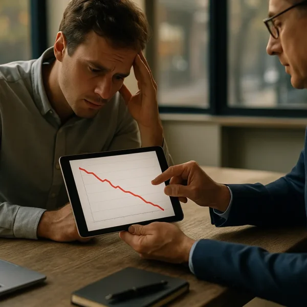 Deux hommes sont assis à une table ; l'un d'eux montre une tablette affichant un graphique à tendance baissière, tandis que l'autre a l'air préoccupé, la main sur le front.