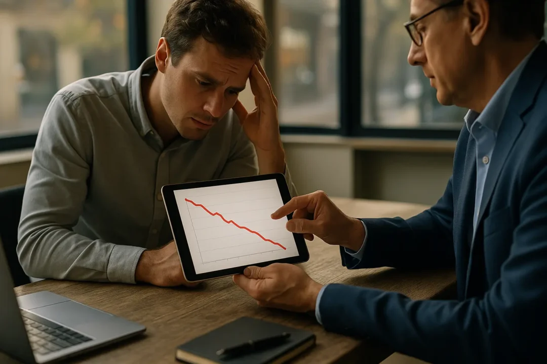 Deux hommes sont assis à une table ; l'un d'eux montre une tablette affichant un graphique à tendance baissière, tandis que l'autre a l'air préoccupé, la main sur le front.