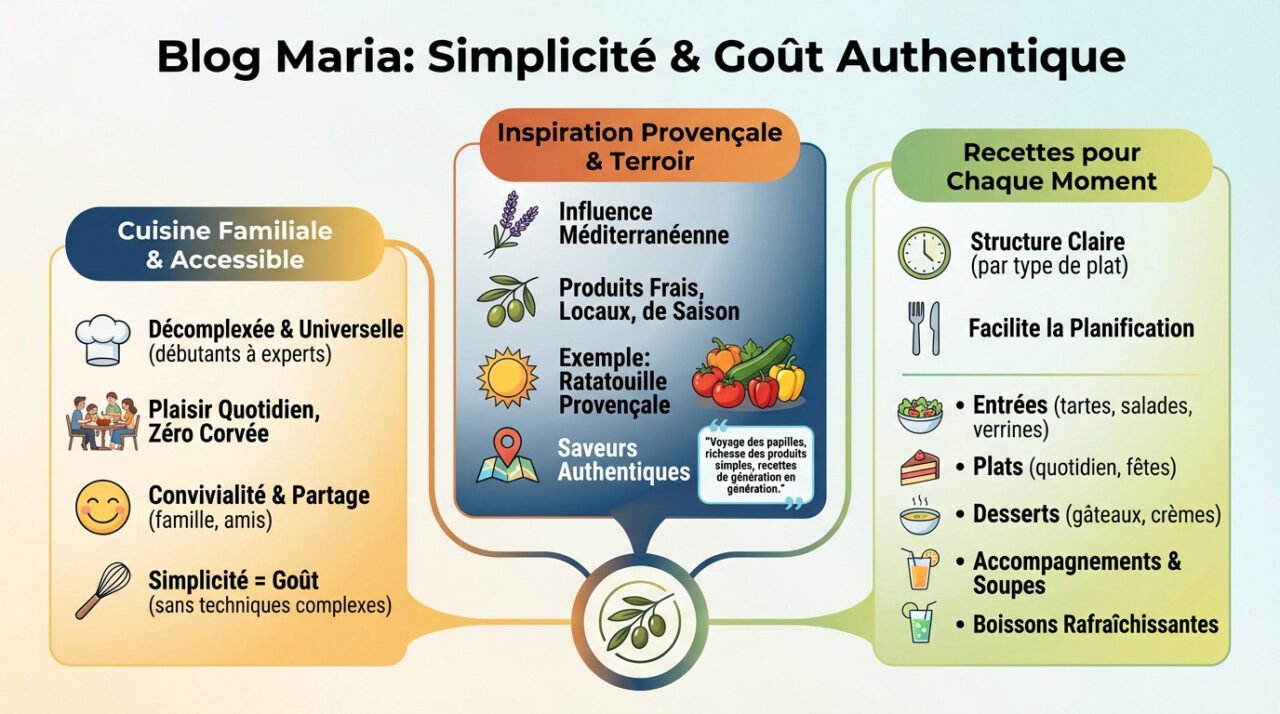 Table conviviale présentant des <strong>plats familiaux simples et authentiques</strong> inspirés du blog Recettes de Maria