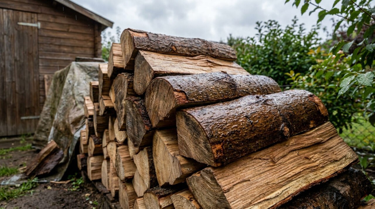 Tas de bûches de bois de chauffage mouillées, empilées devant un abri en bois et une bâche grise. Le ciel est couvert.