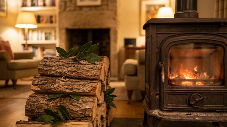 Bûches de bois avec feuilles de laurier devant un poêle à bois allumé dans un salon. Illustre la question de l'utilisation du laurier pour le chauffage.
