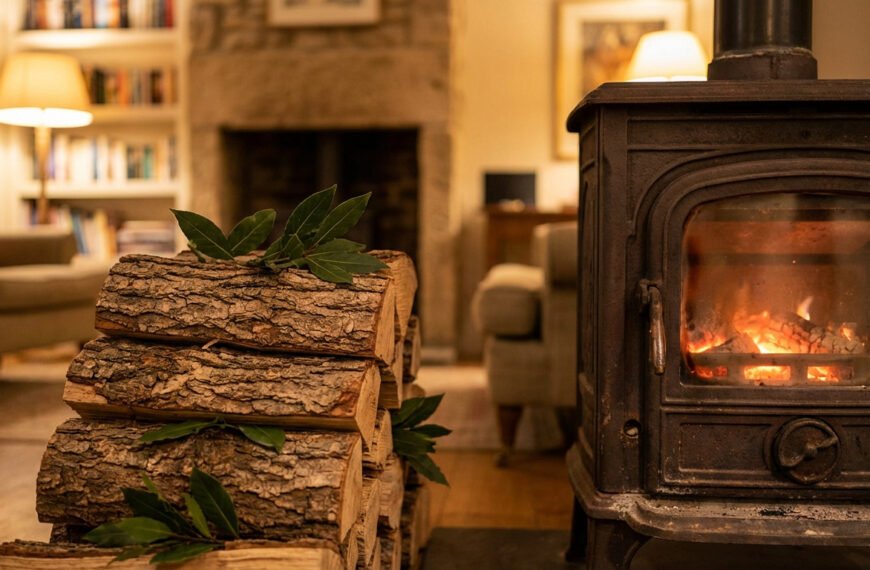 Bûches de bois avec feuilles de laurier devant un poêle à bois allumé dans un salon. Illustre la question de l'utilisation du laurier pour le chauffage.