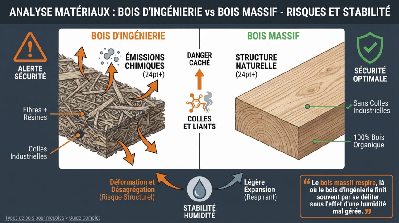 Comparaison visuelle entre la structure du bois d'ingénierie et la texture naturelle du bois massif