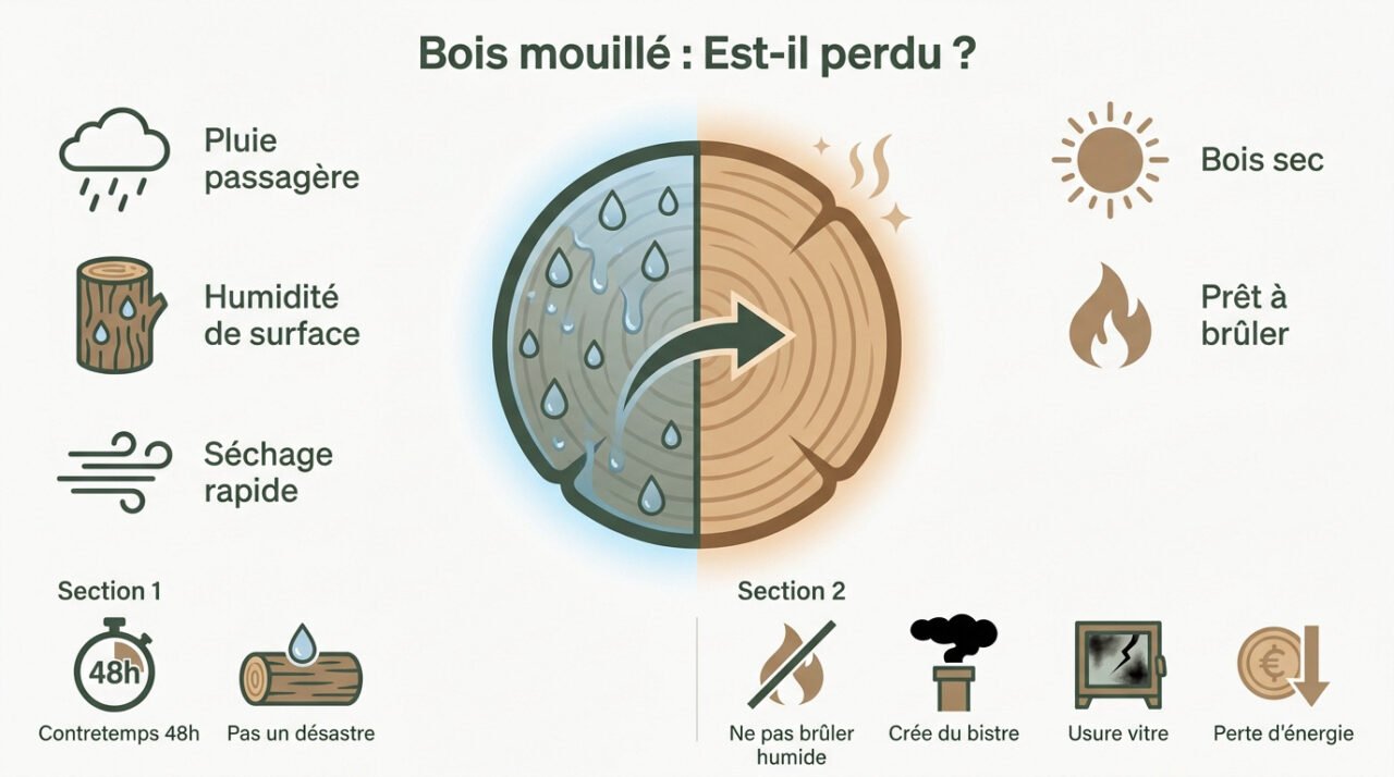 Tas de bûches de bois de chauffage sous la pluie dans un jardin