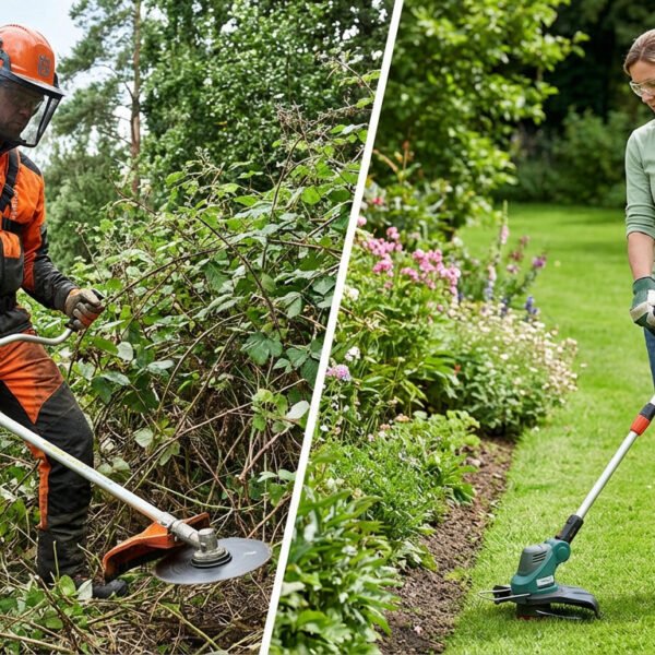 Side-by-side image showing a person in safety gear using a heavy-duty brushcutter in dense brush, and a woman using a compact brushcutter in a garden.