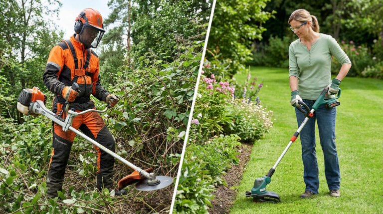 Side-by-side image showing a person in safety gear using a heavy-duty brushcutter in dense brush, and a woman using a compact brushcutter in a garden.