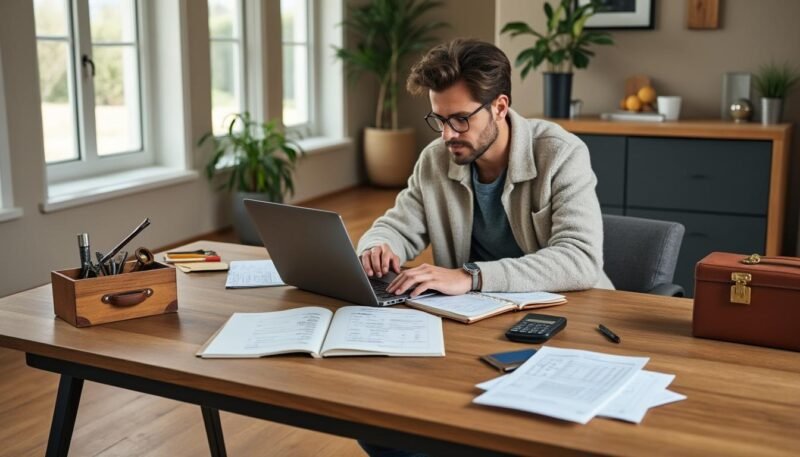 Un homme travaille sur un ordinateur portable à un bureau en bois avec des papiers, une calculatrice et des fournitures de bureau dans un bureau à domicile avec des plantes et de la lumière naturelle.