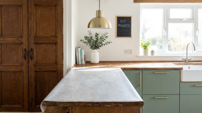 Bright, modernized rustic kitchen with sage green cabinets, brass hardware, concrete-look counter, and dark wood doors.