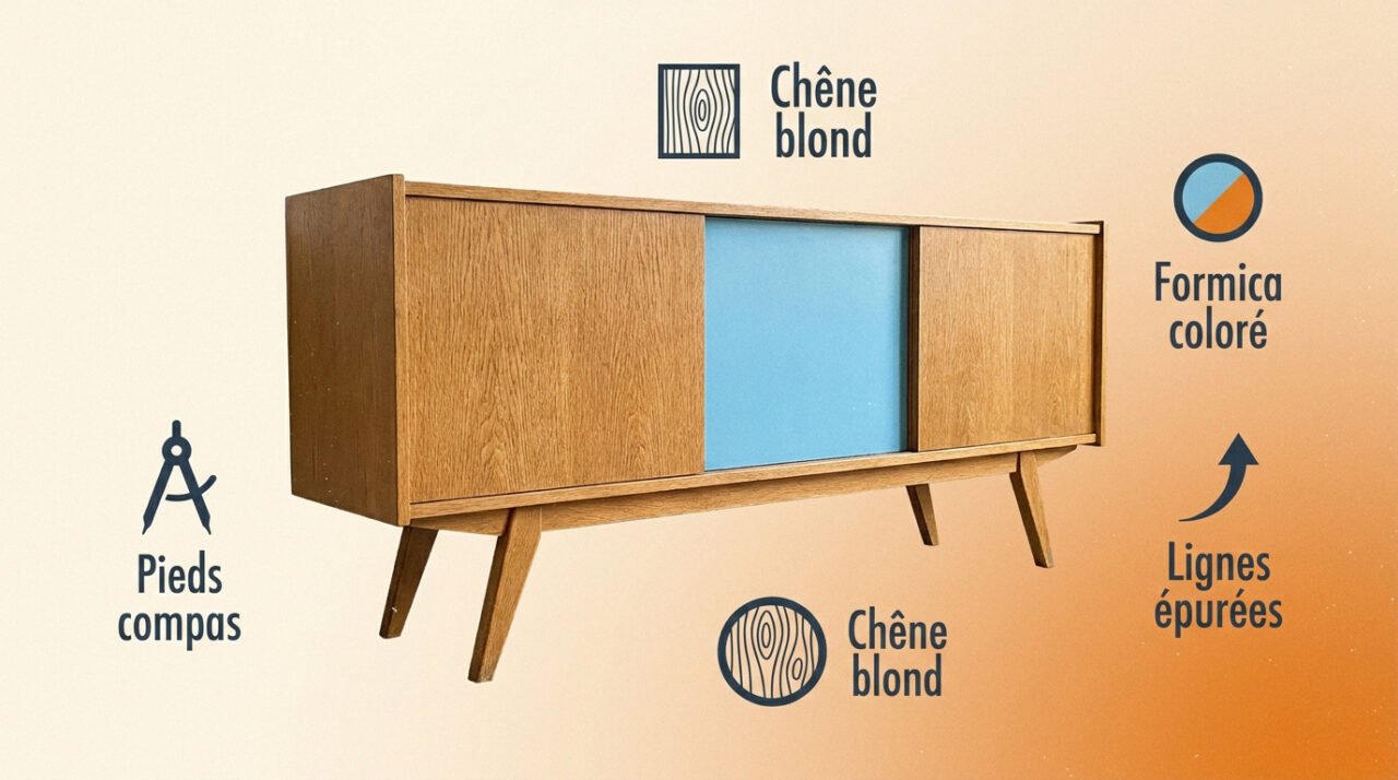 Buffet vintage des années 50 en chêne avec finitions en Formica coloré et pieds compas