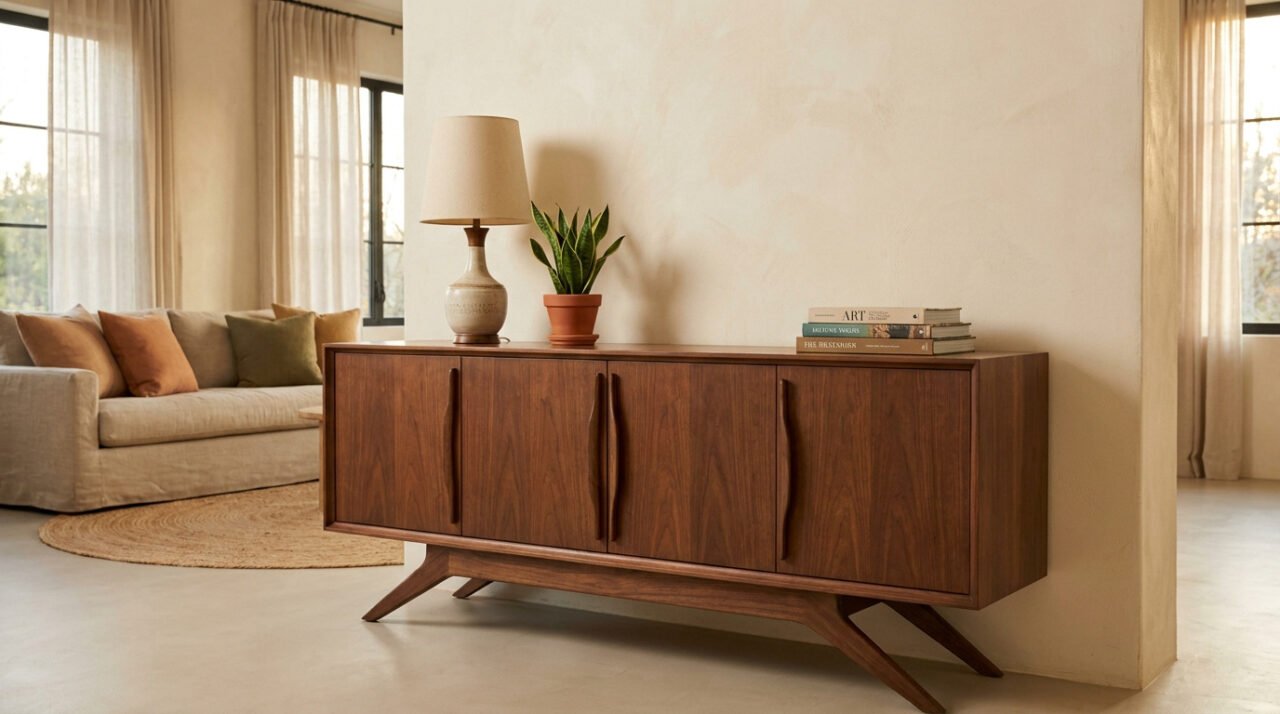 Buffet en bois sombre au design vintage des années 50 posé contre un mur beige dans un salon élégant.