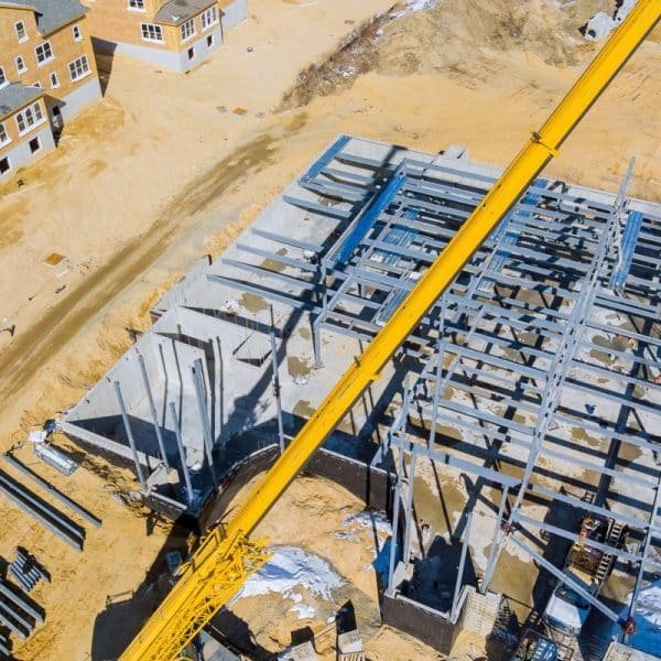 Chantier de construction avec une charpente métallique assemblée par une grue. A proximité se trouvent des maisons partiellement construites sur un sol sablonneux.