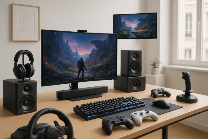 Une installation de jeu moderne avec deux moniteurs, un clavier, une souris, des haut-parleurs, des manettes, un casque, un volant et un joystick sur un bureau en bois dans une pièce lumineuse.