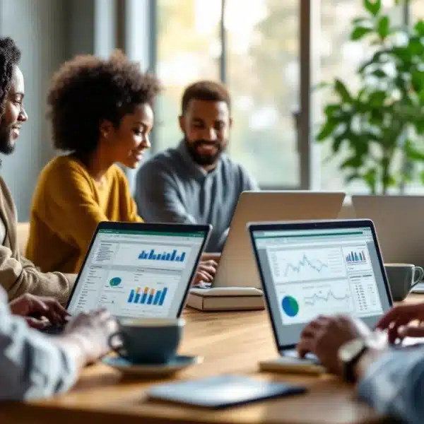 Un groupe de personnes est assis autour d'une table avec des ordinateurs portables affichant des graphiques et des tableaux, et participe à une réunion dans un bureau moderne et lumineux.