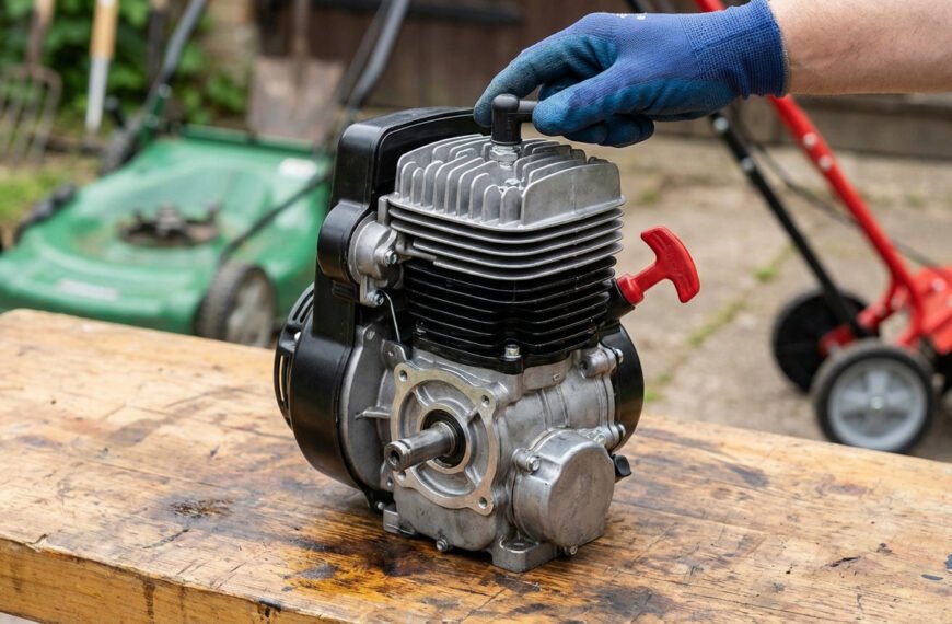 Main gantée réglant la bougie d'un moteur Loncin posé sur un établi en bois, avec des outils de jardin en arrière-plan flou.