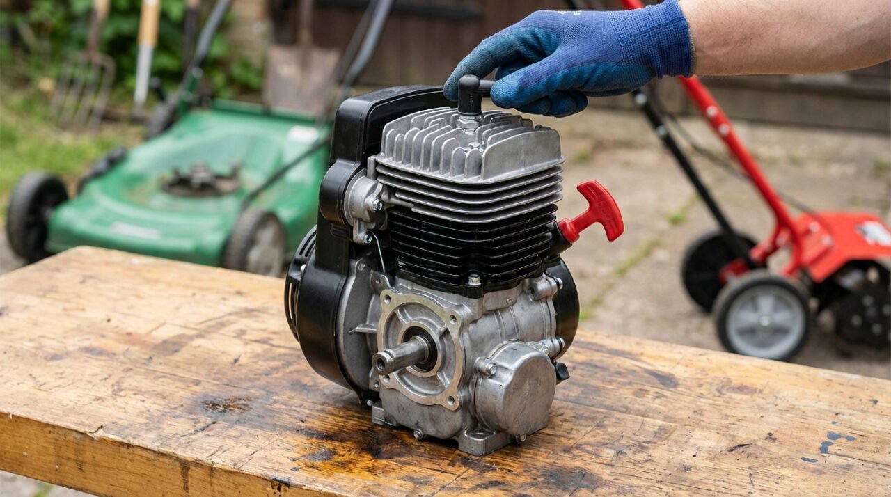 Main gantée réglant la bougie d'un moteur Loncin posé sur un établi en bois, avec des outils de jardin en arrière-plan flou.