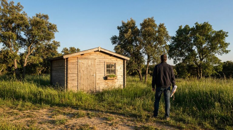 Un homme regarde un cabanon en bois au milieu d'un champ sous un ciel ensoleillé.