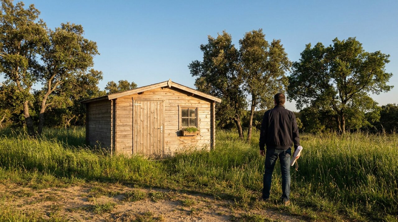 Un homme regarde un cabanon en bois au milieu d'un champ sous un ciel ensoleillé.
