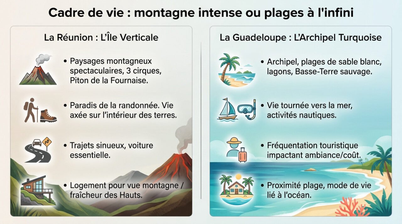 Comparaison paysage montagneux Réunion et plage Guadeloupe