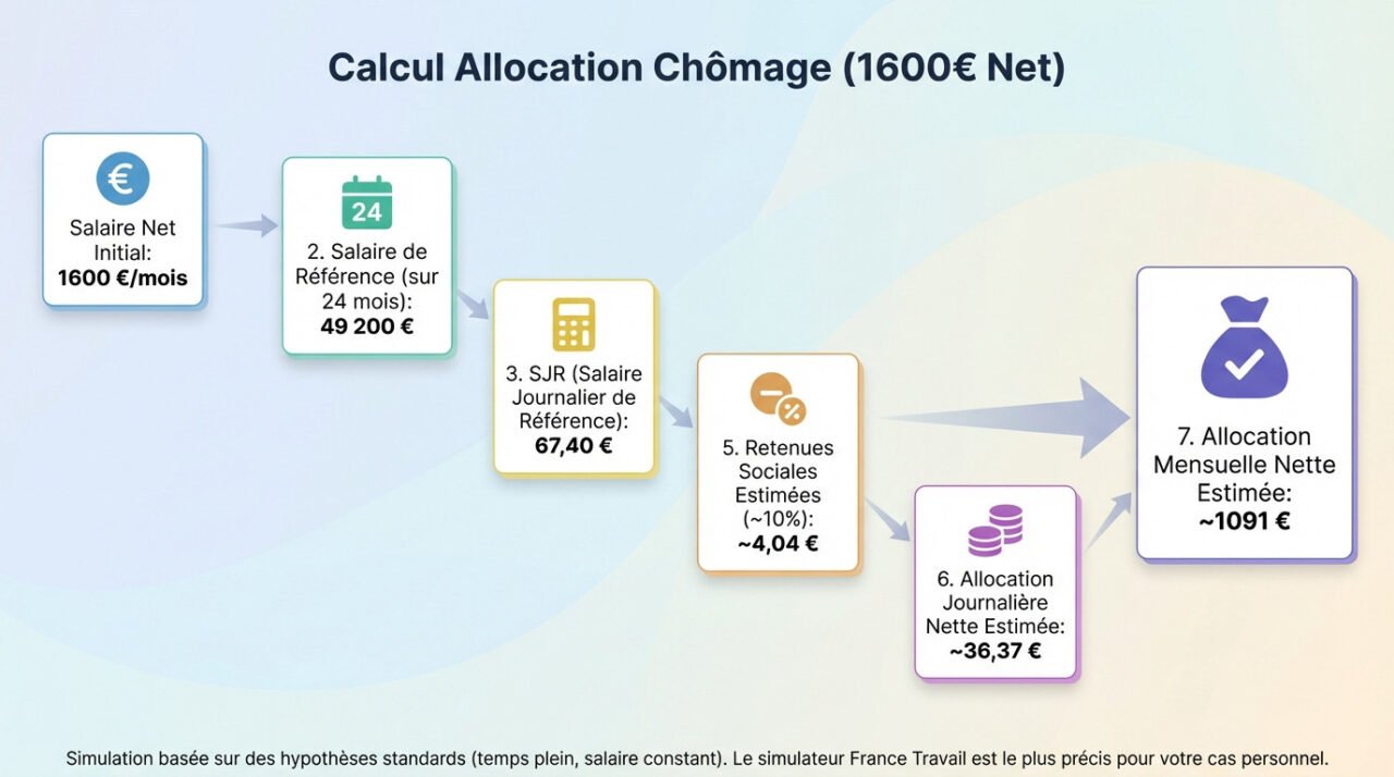 Simulation du montant de l'allocation chômage pour un salaire de 1600 euros net