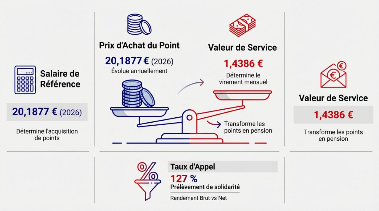 Schéma explicatif du calcul des points de retraite Agirc-Arrco et de la pension finale