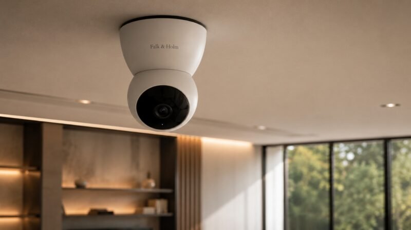 Une caméra de sécurité blanche fixée au plafond, portant la mention « Falk & Folan », est installée dans une pièce moderne et bien éclairée, dotée d'étagères et de grandes fenêtres.