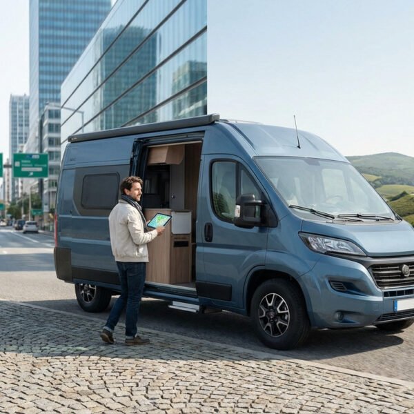 A man plans his route on a tablet by a blue camper van, parked between a bustling city street and a scenic mountain road.