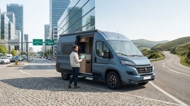 A man plans his route on a tablet by a blue camper van, parked between a bustling city street and a scenic mountain road.