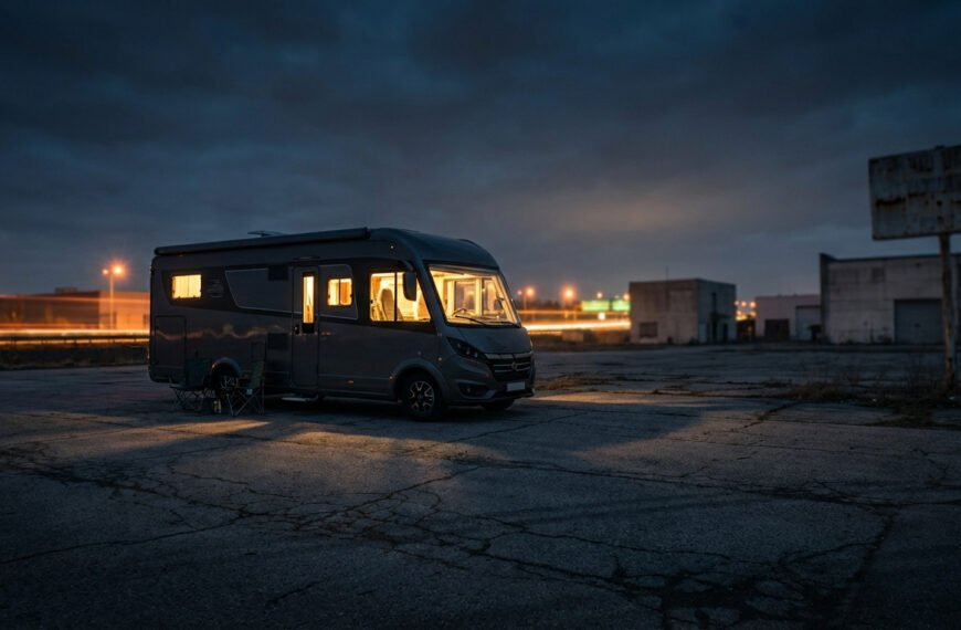 Camping-car gris éclairé la nuit, garé sur un parking fissuré. Lumières de véhicules en arrière-plan, bâtiments industriels.