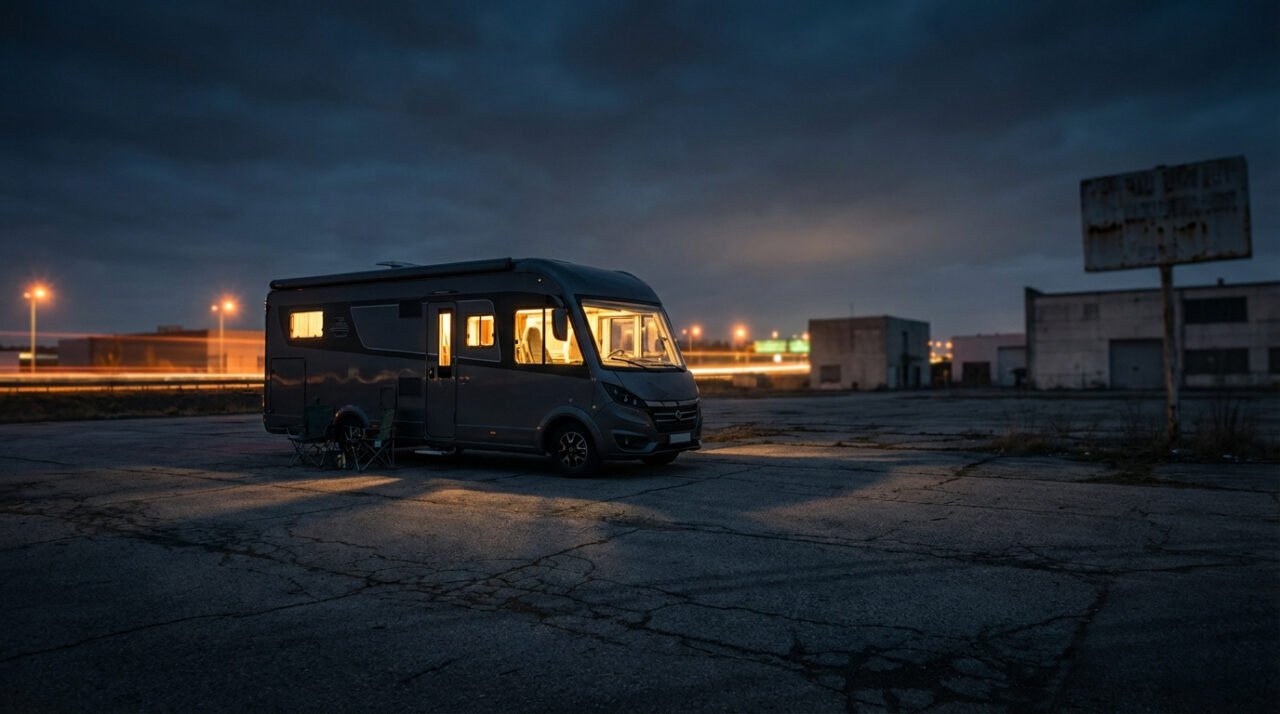 Camping-car gris éclairé la nuit, garé sur un parking fissuré. Lumières de véhicules en arrière-plan, bâtiments industriels.