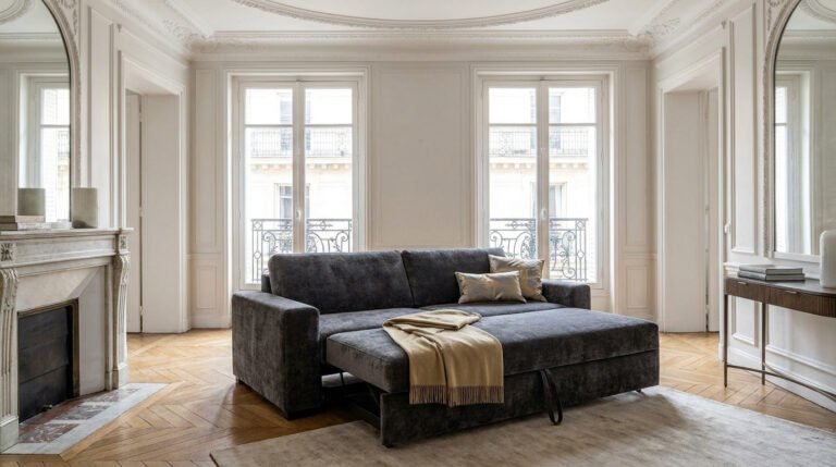 Canapé convertible gris foncé déplié dans un salon haussmannien lumineux avec cheminée et parquet en chevron.