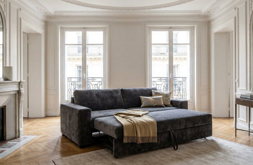 Canapé convertible gris foncé déplié dans un salon haussmannien lumineux avec cheminée et parquet en chevron.