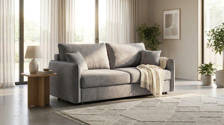 Canapé convertible gris élégant dans un salon lumineux avec tapis texturé, lampe et plantes vertes.