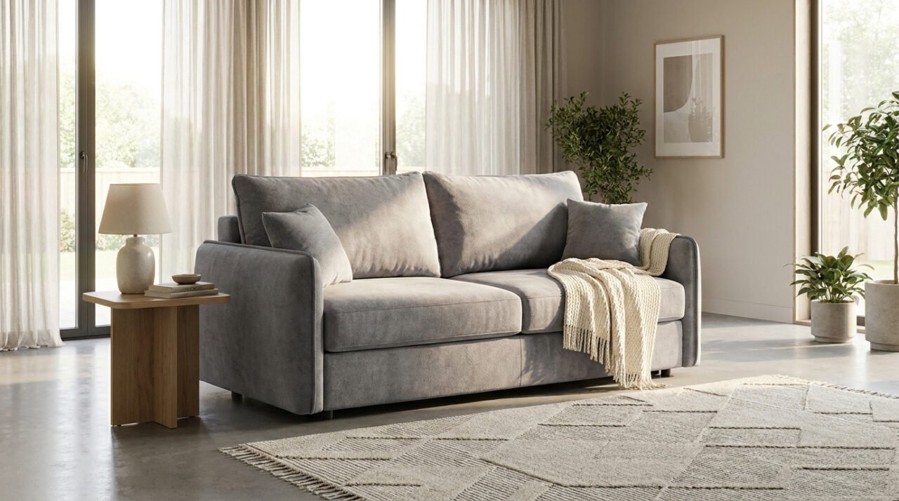 Canapé convertible gris élégant dans un salon lumineux avec tapis texturé, lampe et plantes vertes.