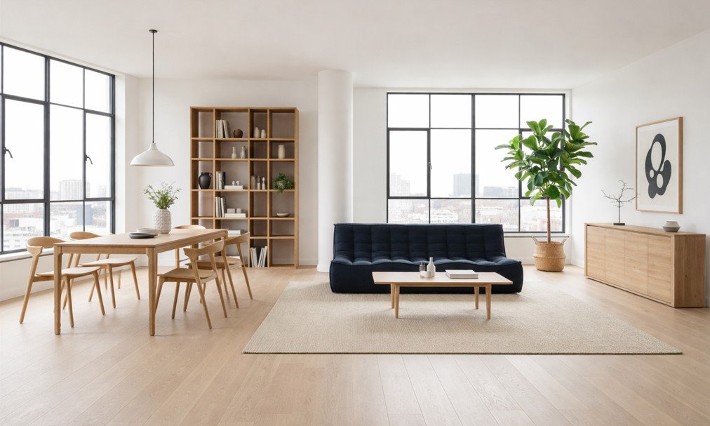 Salon et salle à manger modernes avec de grandes fenêtres, des meubles en bois clair, un canapé foncé, une table à manger avec des chaises, une étagère, une plante en pot et un décor minimaliste.
