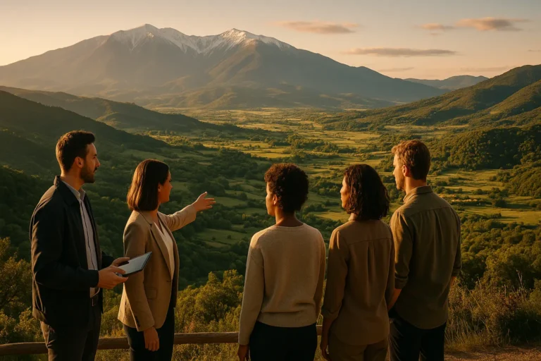 Cinq personnes se trouvent au sommet d'une colline et l'une d'entre elles fait un geste vers une large vallée et des montagnes lointaines sous un ciel clair au coucher du soleil.