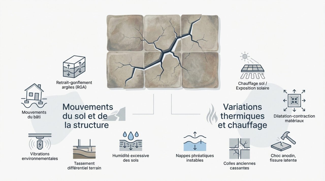 Analyse des causes de fissures sur un carrelage ancien de plus de 20 ans