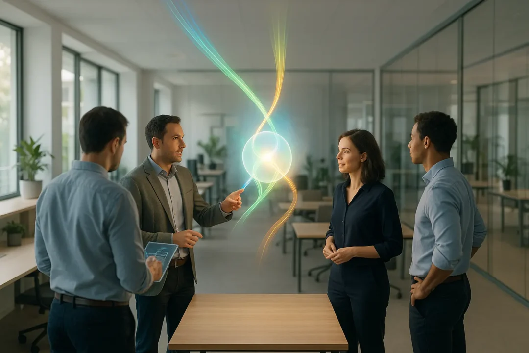 Quatre professionnels se tiennent autour d'une table dans un bureau moderne et interagissent avec un hologramme numérique lumineux projeté au dessus de la table.