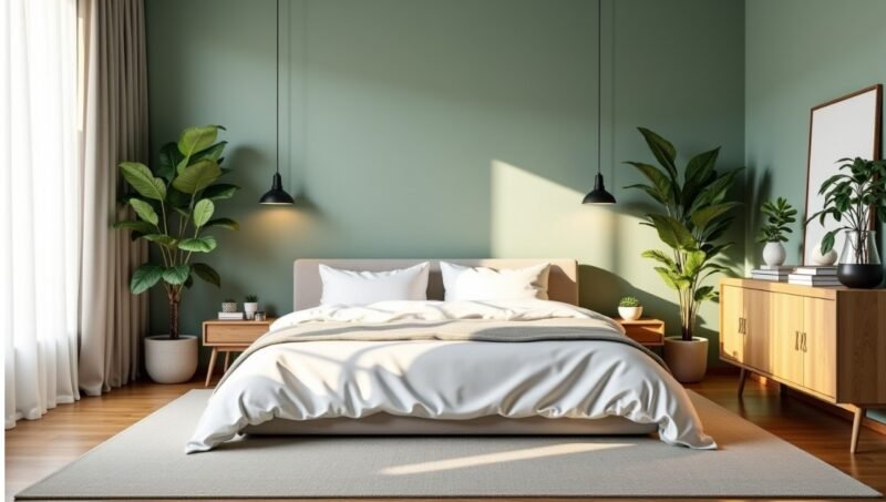 Chambre à coucher moderne avec un lit, de la literie blanche, des meubles en bois, des plantes d'intérieur, des suspensions et la lumière du soleil qui pénètre par la fenêtre.
