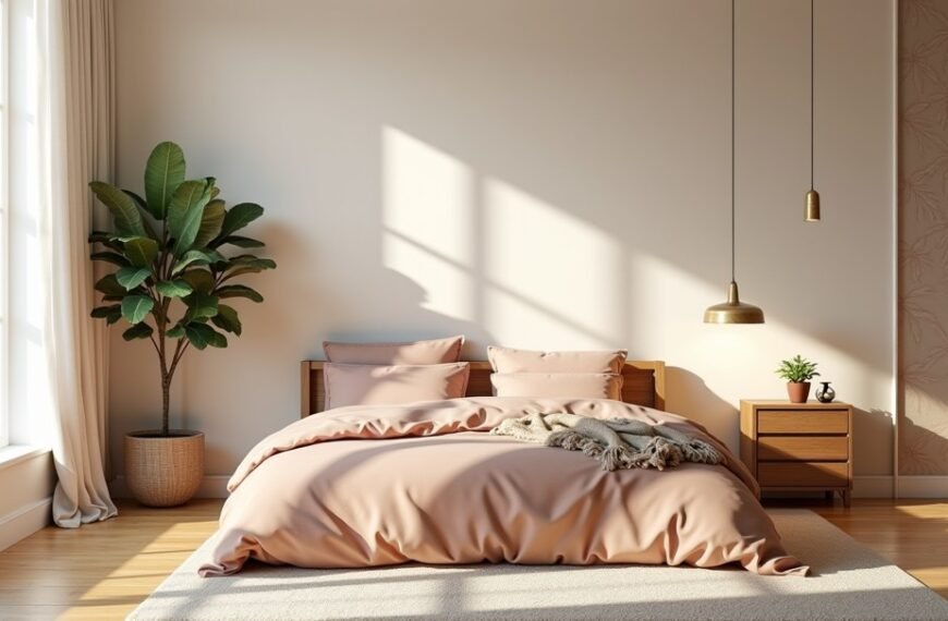 Chambre baignée de soleil, avec un lit soigneusement fait, habillé d'une parure rose, une table de chevet en bois, une plante en pot, une suspension et une grande fenêtre ornée de voilages.