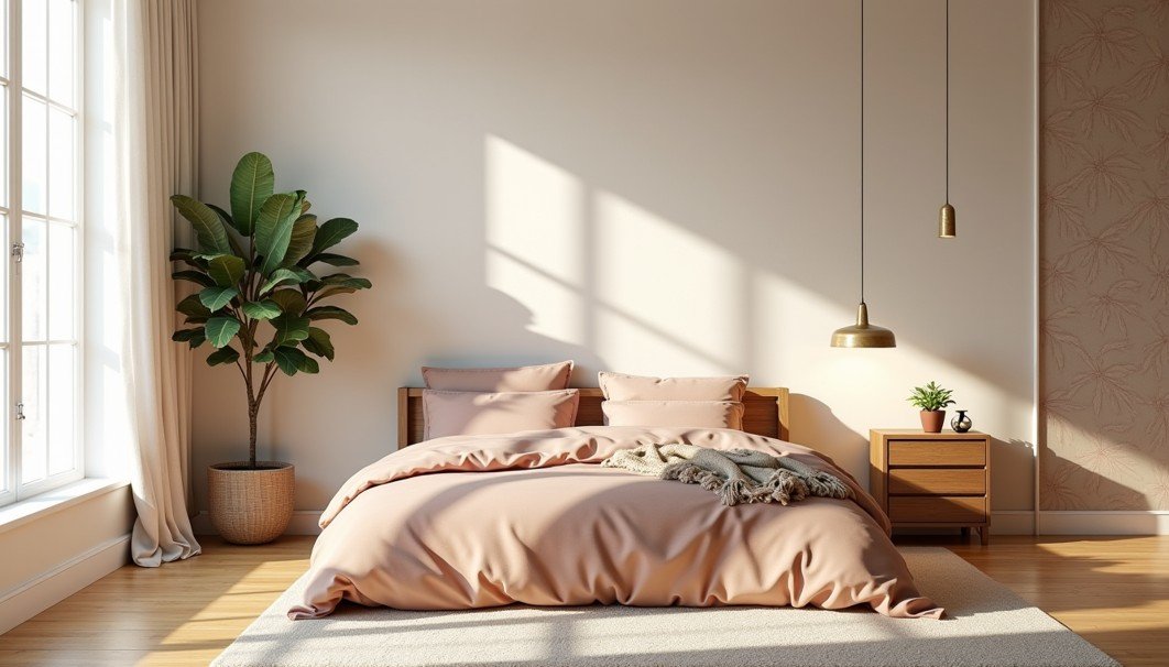 Chambre baignée de soleil, avec un lit soigneusement fait, habillé d'une parure rose, une table de chevet en bois, une plante en pot, une suspension et une grande fenêtre ornée de voilages.