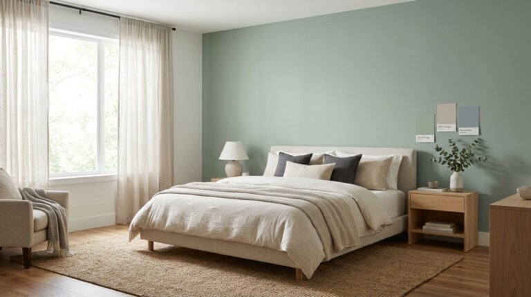 Chambre parentale avec un mur peint en vert sauge, un lit beige et des tons naturels et reposants.