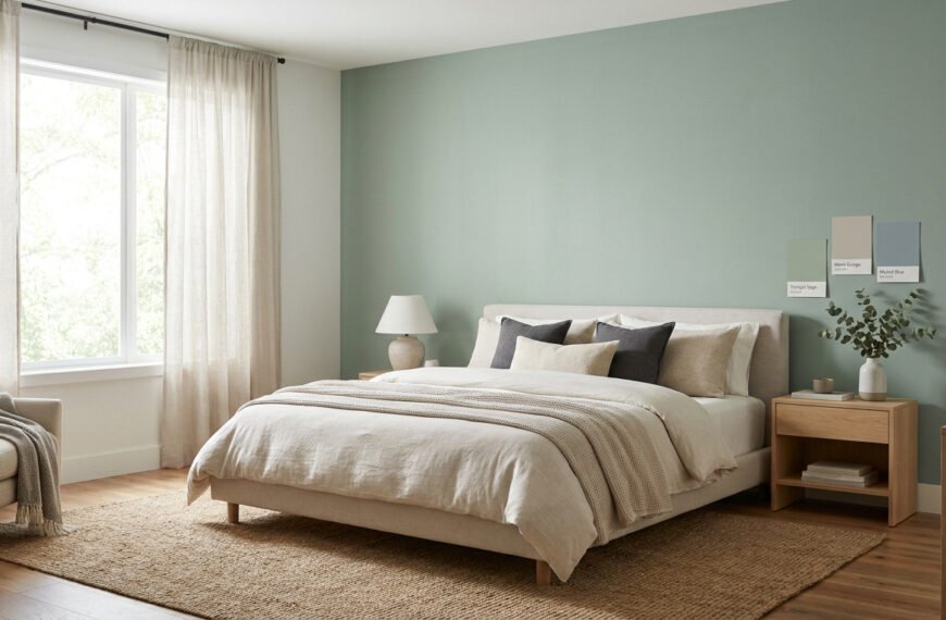 Chambre parentale avec un mur peint en vert sauge, un lit beige et des tons naturels et reposants.
