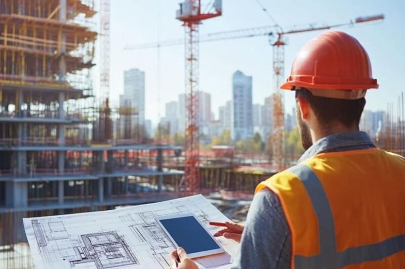 Un ouvrier du bâtiment portant un gilet de sécurité et un casque tient des plans de construction et une tablette sur un chantier avec des grues et des bâtiments urbains en arrière-plan.
