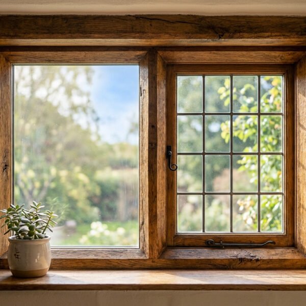 Renovated old wooden window. Left pane is modern double-glazed, right is traditional multi-paned. Green outdoors, plant on sill.