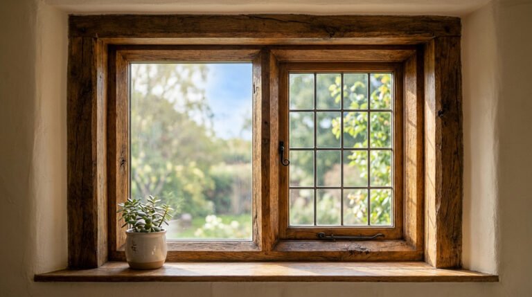 Renovated old wooden window. Left pane is modern double-glazed, right is traditional multi-paned. Green outdoors, plant on sill.