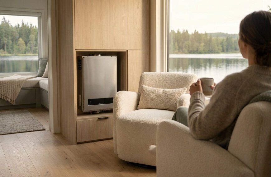 Chauffe-eau gaz Bosch argenté intégré dans un meuble en bois clair d'un mobil-home moderne. Une femme contemple un lac.