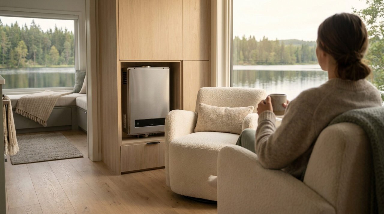 Chauffe-eau gaz Bosch argenté intégré dans un meuble en bois clair d'un mobil-home moderne. Une femme contemple un lac.