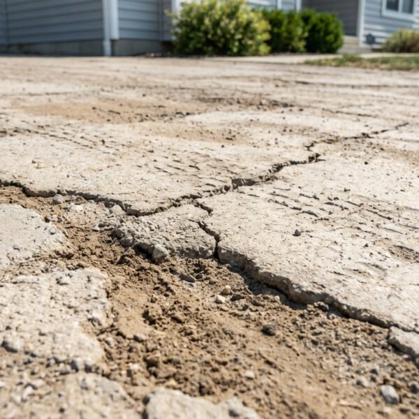 Gros plan sur une allée en sable stabilisé fortement fissurée et érodée, montrant des dommages importants et des traces de pneus. Des maisons sont floues en arrière-plan.