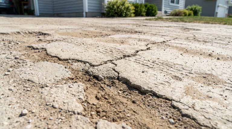 Gros plan sur une allée en sable stabilisé fortement fissurée et érodée, montrant des dommages importants et des traces de pneus. Des maisons sont floues en arrière-plan.